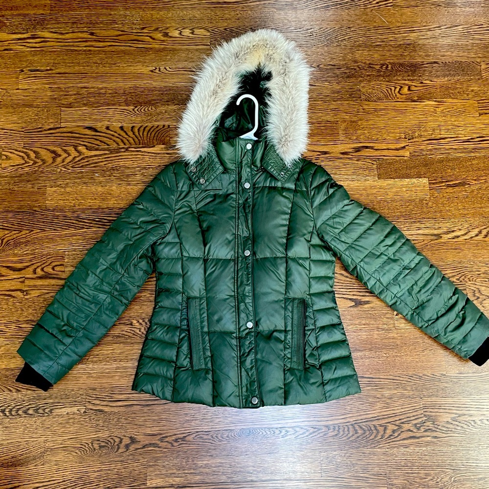Marc New York Women’s Fur Puffer Down Coat Size M, Olive Green